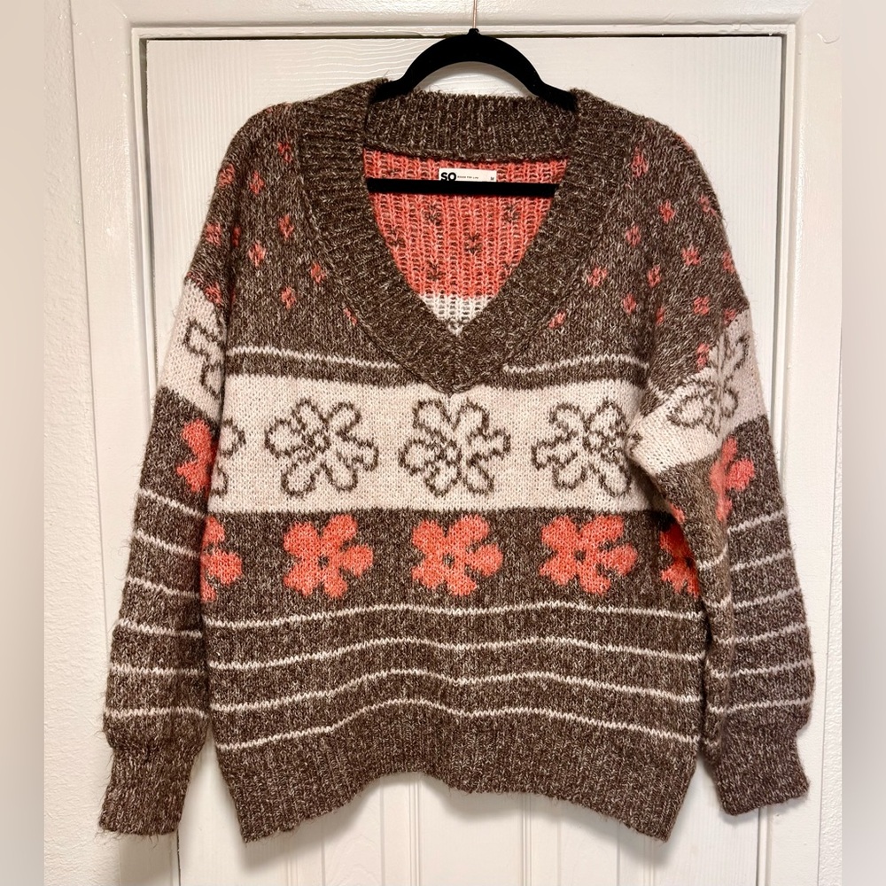 Brown and Cream Floral V-Neck Sweater